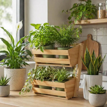 Handmade 2 Tier Wooden Plant Stand for Herbs & Indoor Plants