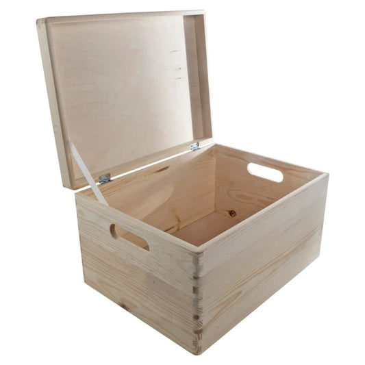 Large Unfinished Pine Wooden Storage Box with Hinged Lid & Cut-Out Handles | Toy Chest, Craft & Keepsake Storage