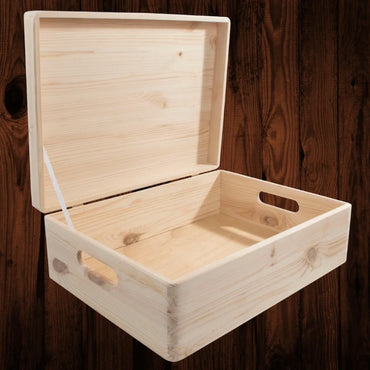 Large Shallow Unfinished Pine Wooden Storage Box with Hinged Lid & Cut-Out Handles