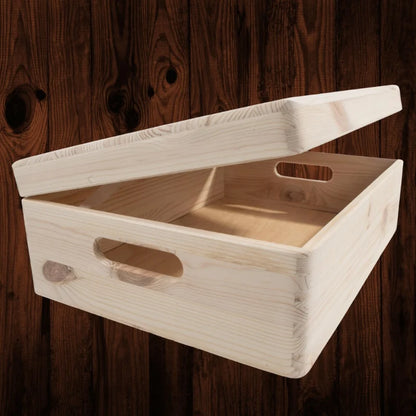 Large Shallow Unfinished Pine Wooden Storage Box with Hinged Lid & Cut-Out Handles