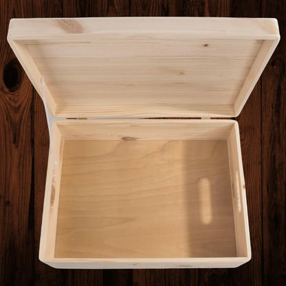 Large Shallow Unfinished Pine Wooden Storage Box with Hinged Lid & Cut-Out Handles