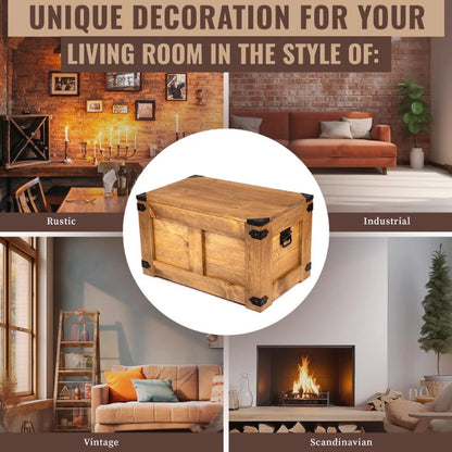 Handcrafted Solid Pine Wooden Storage Chest with Hinged Lid, Rustic Coffee Table & Toy Storage Bench