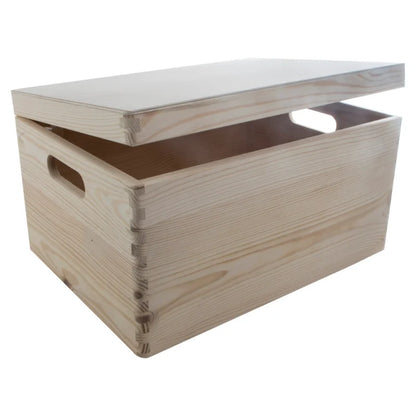 Large Unfinished Pine Wooden Storage Box with Hinged Lid & Cut-Out Handles | Toy Chest, Craft & Keepsake Storage