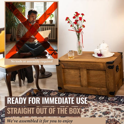 Handcrafted Solid Pine Wooden Storage Chest with Hinged Lid, Rustic Coffee Table & Toy Storage Bench
